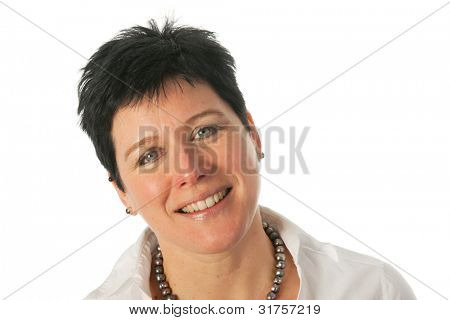 Fiatal nő barátságos, mosolyogva, mint portré stúdió