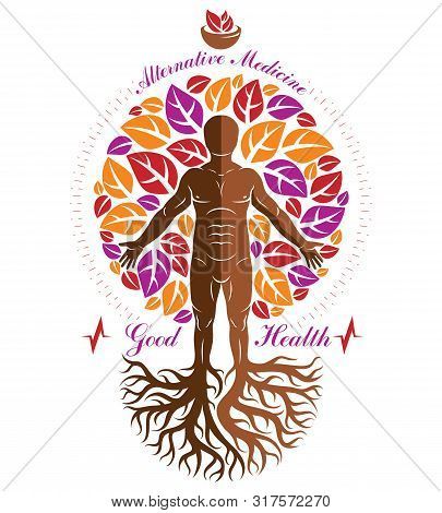 Vector Graphic Illustration Of Strong Male Depicted As Continuation Of Tree And Composed With Mortar