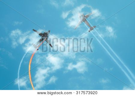 Collision In The Air. Two Airplane Collapse In Flight. Aviation Accident In Blue Sky. Damaged Engine