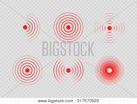 Set Of Red Painful Target Spot. Pain Circles. Sonar Waves. Red Rings Of Pain To Indicate Localizatio