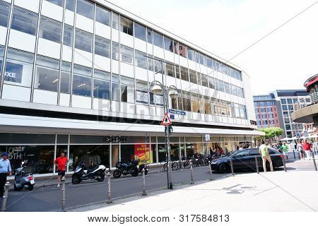 Frankfurt, Germany - July 06: Pedestrians And Visitors Strolling Through Friedrich-stoltze-square Wi