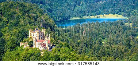 Alpine Landscape With Hohenschwangau Castle, Bavaria, Germany. It Is A Landmark Of German Alps. Aeri