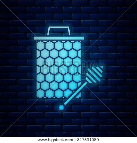 Glowing Neon Honeycomb With Honey Dipper Stickicon Isolated On Brick Wall Background. Honey Ladle. H
