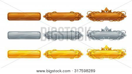 Metallic Title Banners Set For Epic Game Design. Golden, Silver And Bronze Decorative Frames.