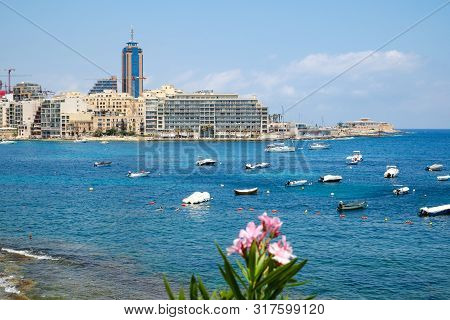 St Julien City, Malta - July 15, 2019. View Of The Marina Bay, Portomaso Tower In St. Julians City. 