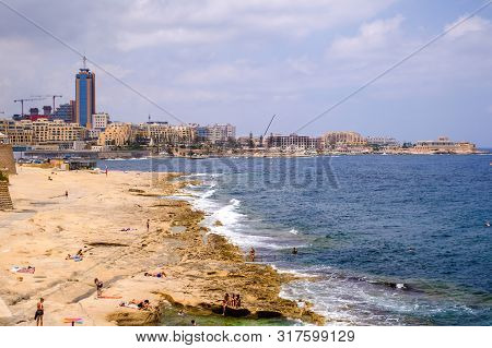 St Julien City, Malta - July 15, 2019. View Of The Marina Bay, Portomaso Tower In St. Julians City. 