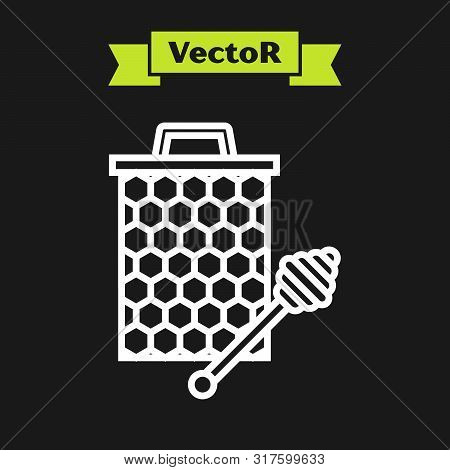 White Line Honeycomb With Honey Dipper Stickicon Isolated On Black Background. Honey Ladle. Honey Ce