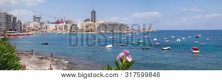 St Julien City, Malta - July 15, 2019. Panoramic View Of The Marina Bay, Portomaso Tower In St. Juli