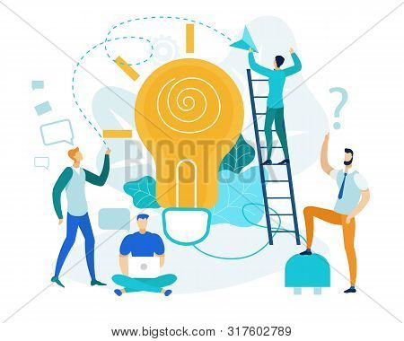 Vector Illustration Implementation Joint Ideas. In Foreground Large Incandescent Lamp Shines Brightl