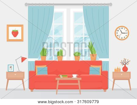 Room Interior. Vector. Living Room With Sofa, Window, Coffee Table. Home Inside With Coral Cushioned