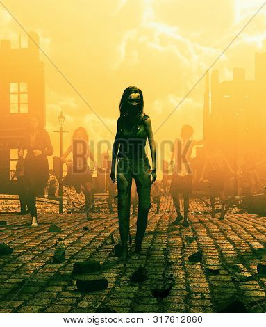 Zombies Horde In Ruined City After An Outbreak,3d Illustration For Book Cover