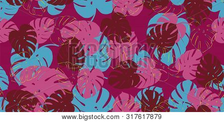 Colored Tropical Foliage Mostera Seamless Vector Pattern Background.