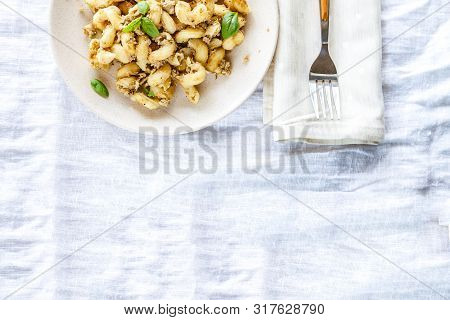 Traditional Soviet Russian Pasta Dish, Vermicelli, Navy Pasta, With Meat On A White Plate On A Light