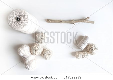 Boho White Mockup With Cotton Yarn On The Desk. Top View Flat Lay. Space For Text