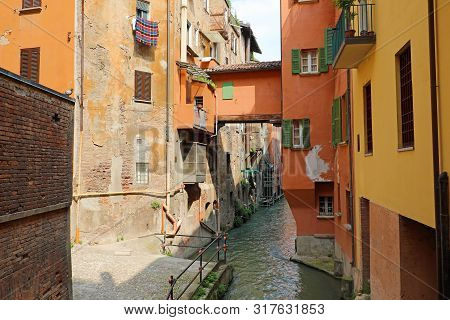 Italian Houses Between The Hidden Canal Of Reno River, Bologna, Italy.
