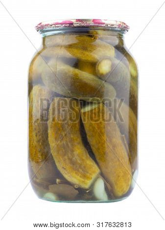 Liter Jar Of Pickled Cucumbers On A White Background, Salted Isolated Gherkins Close-up