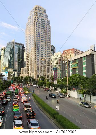 Bangkok Thailand - 30 April 2019: View Of Building And Traffic Jam On The Ratchadaphisek Road Near A