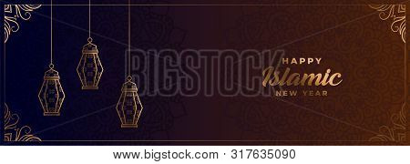Decorative Happy Islamic New Year Golden Banner