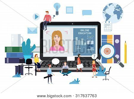 Online Education Webinar Icons Composition With Teacher Coach Trainer Women And Students On Laptop E
