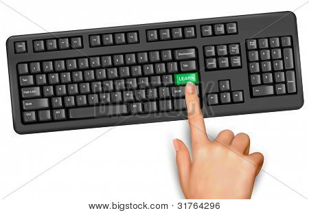 Mão tocando a tecla aprender. Vector.