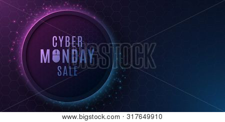 Futuristic Modern Banner For Cyber Monday Sale. Blue And Purple Glowing Neon Honeycomb Pattern. Spec