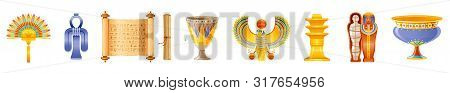 Ancient Egyptian Art Icon Set. God, Goddess, Pharaoh Symbol Amulet. Fan, Isis Tyet Knot, Papyrus Scr
