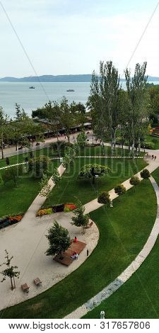 Top View Of Park In Hungary At The Balatonfured Lake
