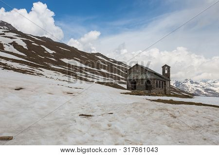 Old Stone Church At Gavia Pass, An Alpine Pass Of The Southern Rhaetian Alps, Marking The Administra