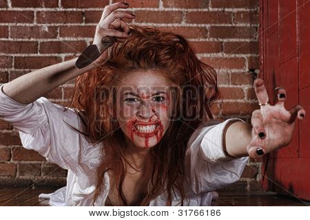 恐怖形势与血腥的脸的女人