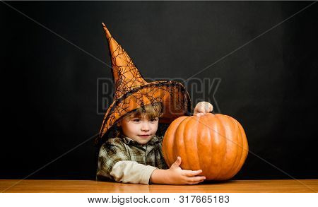Happy Halloween. Cute Boy In Witch Hat With Halloween Pumpkin. Jack Olantern. Boy Dressed Up For Tri