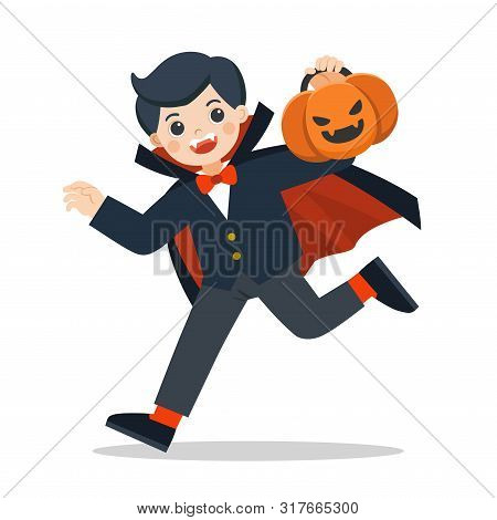 Happy Halloween. Little Boy In Dracula In Dracula Costume With Pumpkin Basket For Trick Or Treat On 