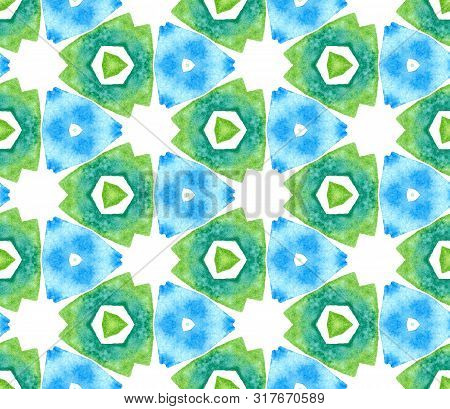 Blue Green Vintage Seamless Pattern. Hand Drawn Watercolor Ornament. Ravishing Repeating Tile. Mesme