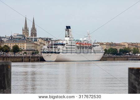 Bordeaux, France - September 9, 2018: Cruise Ships In The Garonne River Harbour. Bordeaux, Gironde. 
