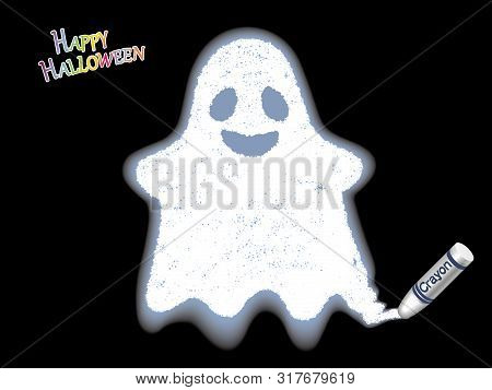 Happy Halloween White Ghost Crayon Illustration On A Black Background, Vector Illustration.
