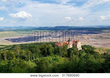 Jezeri Castle With Czechoslovak Army Coal Mine In Background, Horni Jiretin, Most District, Ustecky
