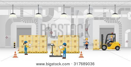 Warehouse In Process With Workers Working Flat Design Vector Illustration