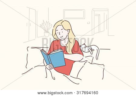 Leisure, Lifestyle, Nostalgically, Learning Concept. Young, Beautiful Woman Sits In A Cozy Pose And 