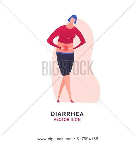 Diarrhea Or Digestive Problem Vector Icon. Sick Girl Sign. Editable Illustration In Modern Flat Styl