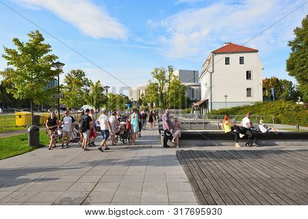Bydgoszcz, Poland - August 15, 2019: People Relaxing On Mill (mlynska) Island In The Historic Distri