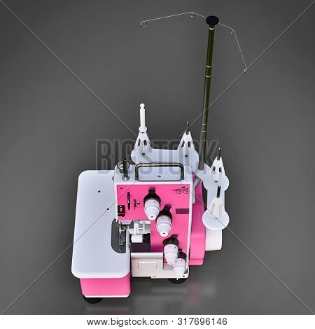 Pink Overlock On A Grey Background. Equipment For Sewing Production. Sewing Clothes And Textiles. 3d