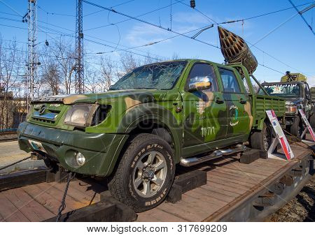 Murmansk, Russia - April 22, 2019: Pickup Truck With Rocket Launcher In The Back, Syrian Fracture Mo