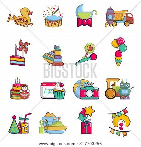 Children Day Icons Set. Cartoon Set Of 16 Children Day Vector Icons For Web Isolated On White Backgr