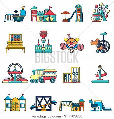 Children Playground Icons Set. Cartoon Set Of 16 Children Playground Vector Icons For Web Isolated O
