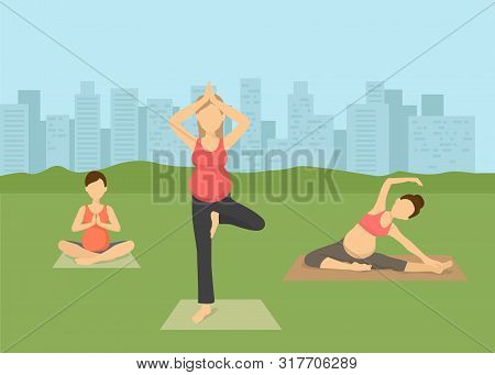 Pregnant Women Yoga In City Vector Illustration. Prenatal Yoga, Pilates Class On Green Grass With Ci