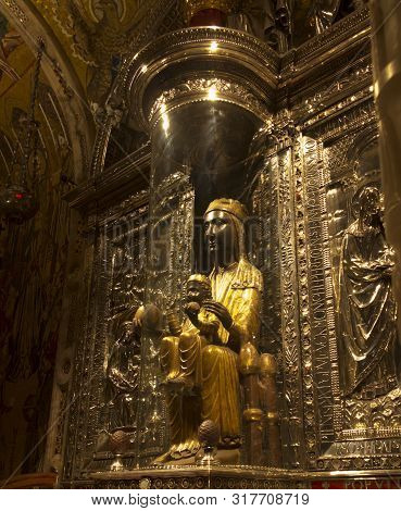 Montserrat, Spain, June 23, 2019: Statue Of Our Lady Of Montserrat, Aka Our Lady Of Montserrat, Aka 