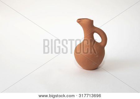 Georgian Handmade National Wine Jug Isolated On White. Clay Jug For Wine And Water. Copy Space