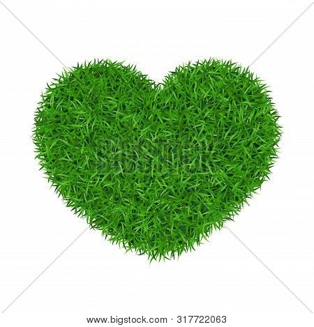 Heart Green Grass 3d. Green Grass Love Land Isolated White Background. Ecology Garden, Heart-shape. 