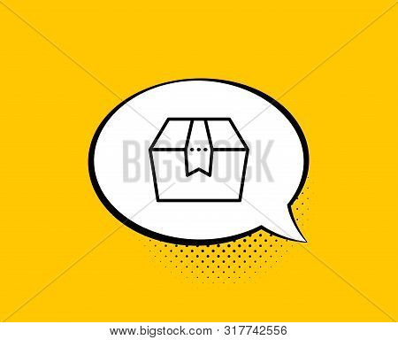 Package Box Line Icon. Comic Speech Bubble. Delivery Parcel Sign. Cargo Goods Symbol. Yellow Backgro