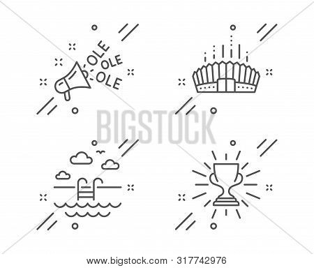 Swimming Pool, Ole Chant And Arena Stadium Line Icons Set. Trophy Sign. Basin, Megaphone, Competitio