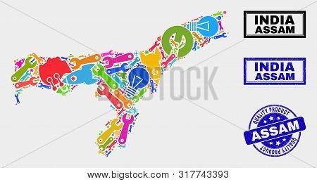 Vector Collage Of Service Assam State Map And Blue Seal For Quality Product. Assam State Map Collage
